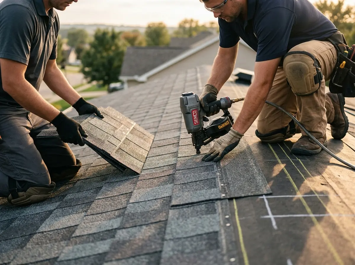 Professional roofer working on a residential roof in Fairhaven